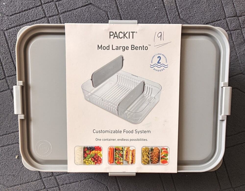 PackIt Mod Large Bento Box 64 oz 3 Compartments Snap Lid Clear/Gray BPA-Free